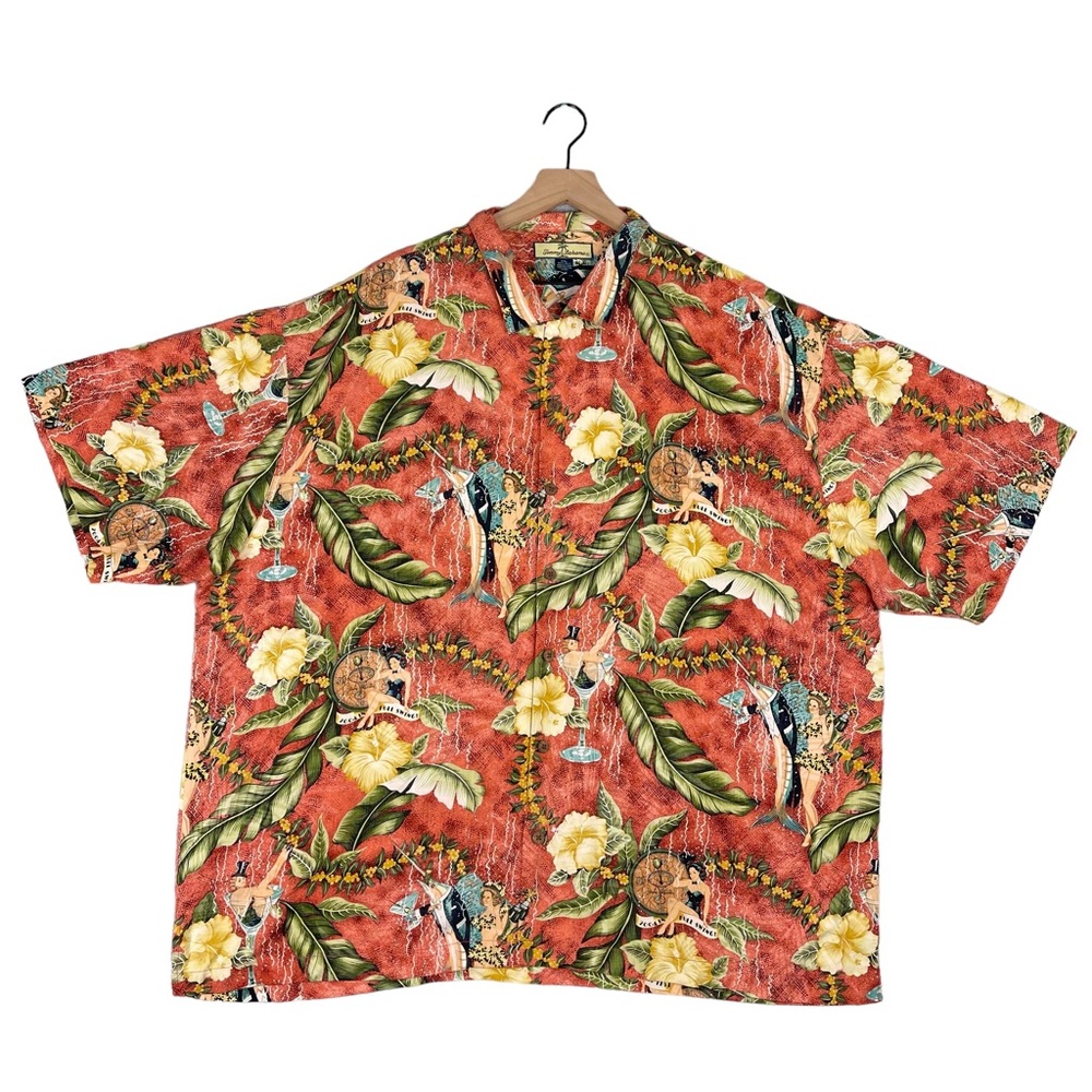 Tommy Bahama Silk Hawaiian Shirt XXL Pinup Girl Martini Glass Wooden Buttons